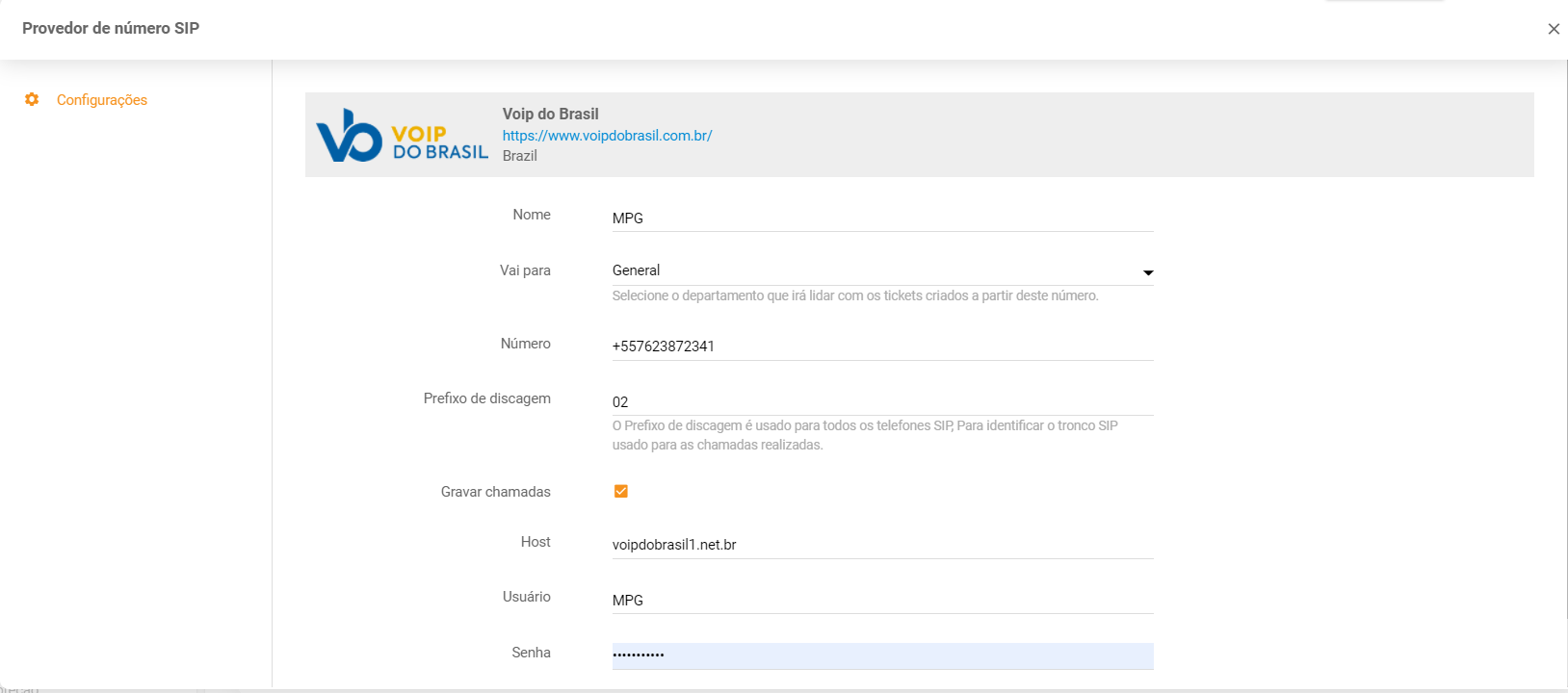 Inserisci le credenziali di Voip do Brasil