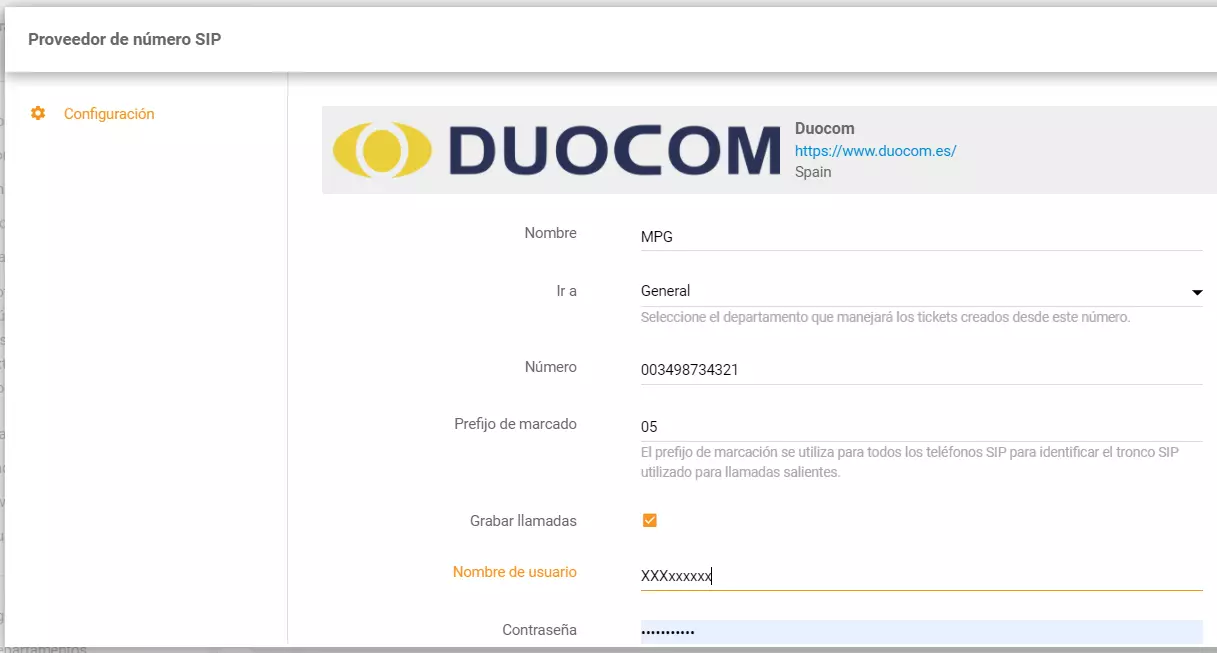 Configura il numero di telefono Duocom in LiveAgent
