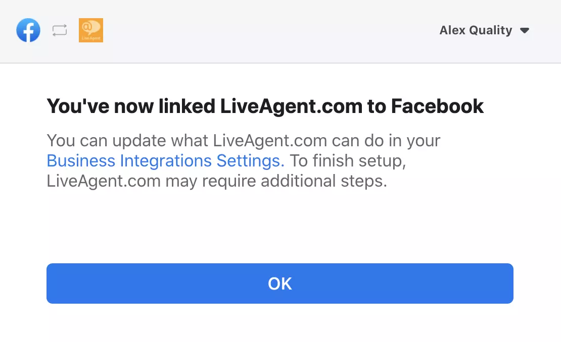 Finestra pop-up che conferma l'integrazione riuscita tra Facebook e LiveAgent