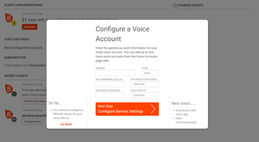 Impostazioni vocali Bria