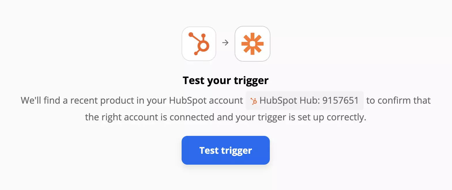 Un test del trigger HubSpot su Zapier