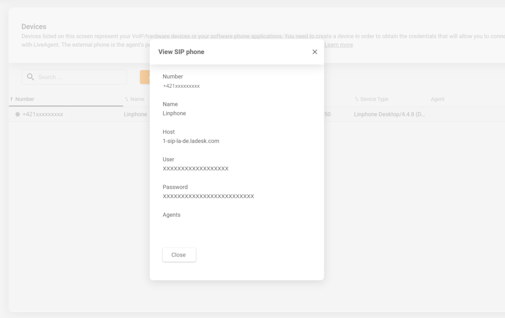 Configurazione del dispositivo SIP di LiveAgent