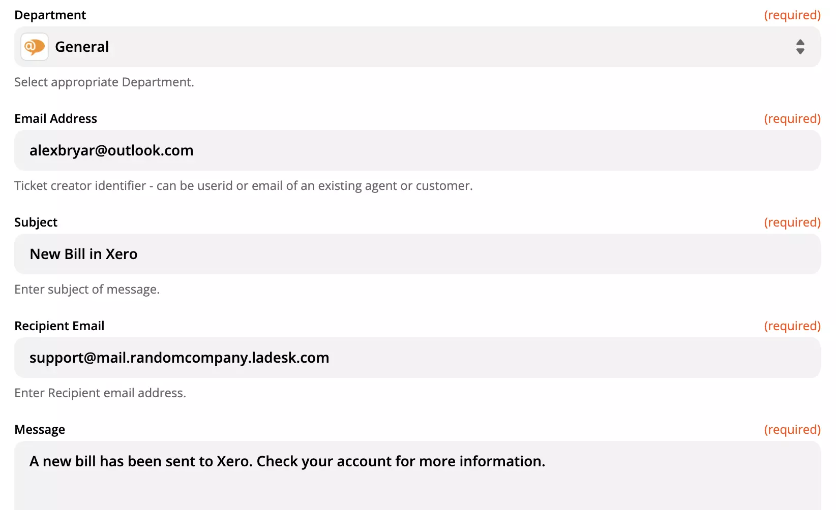 Opzioni di configurazione dell'azione LiveAgent sul sito Zapier