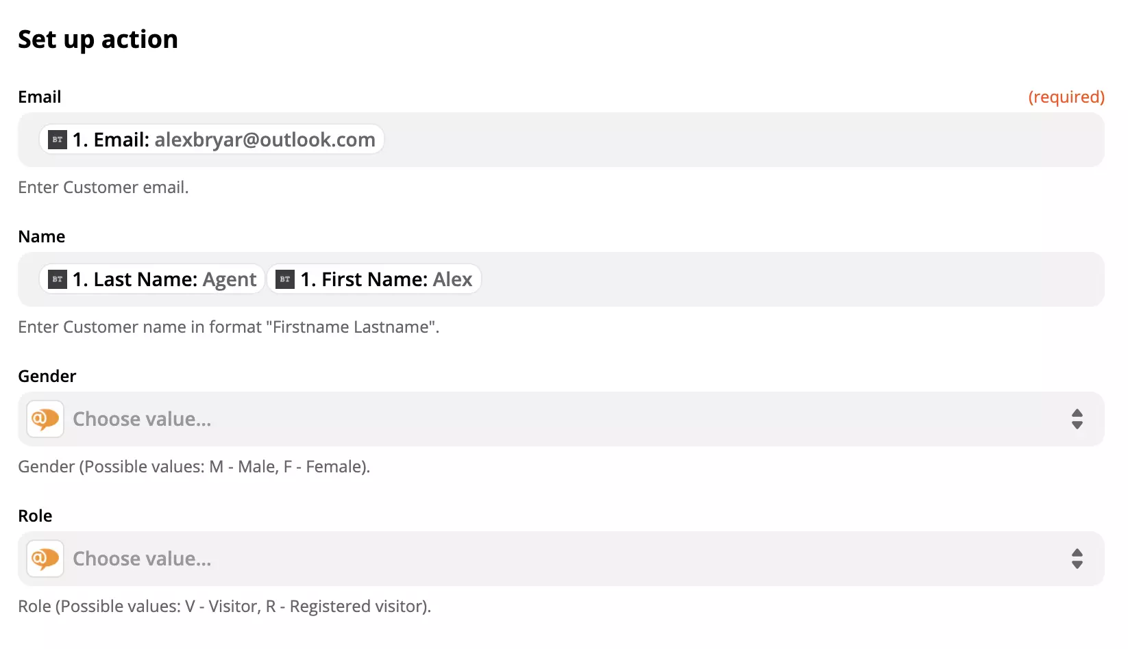 Configurazione dell'azione LiveAgent con dati nei campi su Zapier