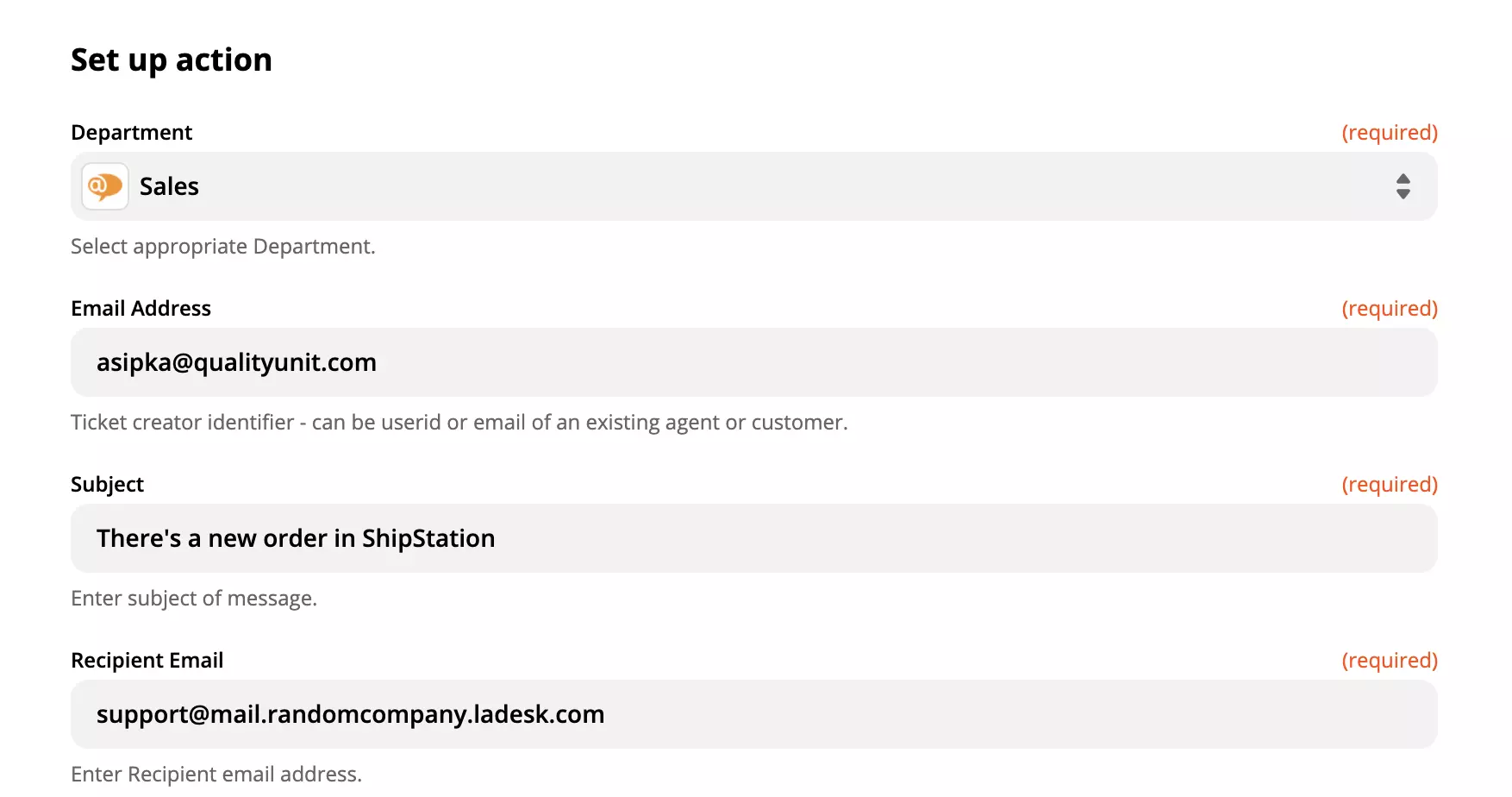 Configurazione dell'azione LiveAgent