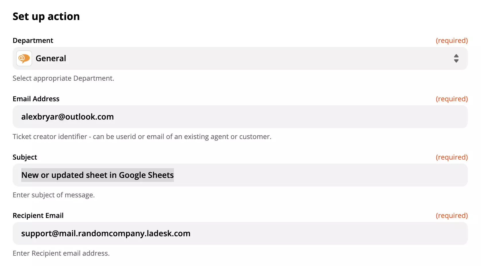 Configurazione dell'azione LiveAgent nell'integrazione con Google Sheets