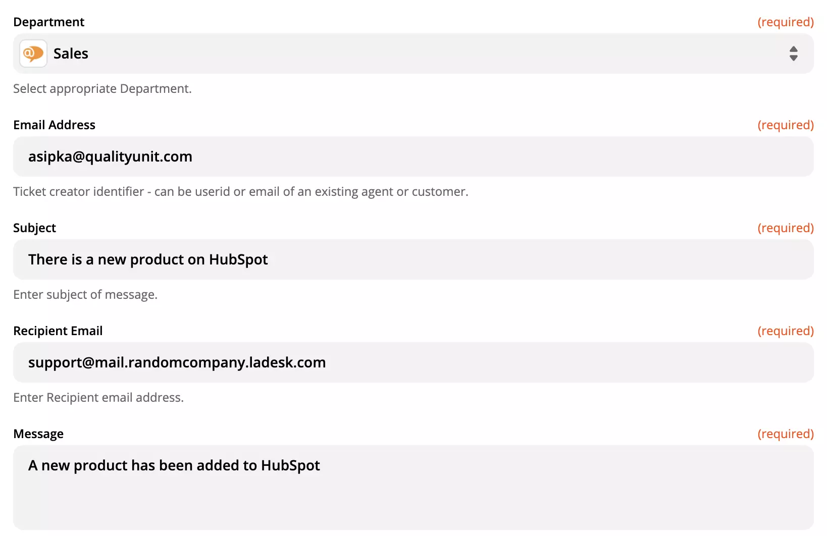 Configurazione dell'azione LiveAgent su Zapier