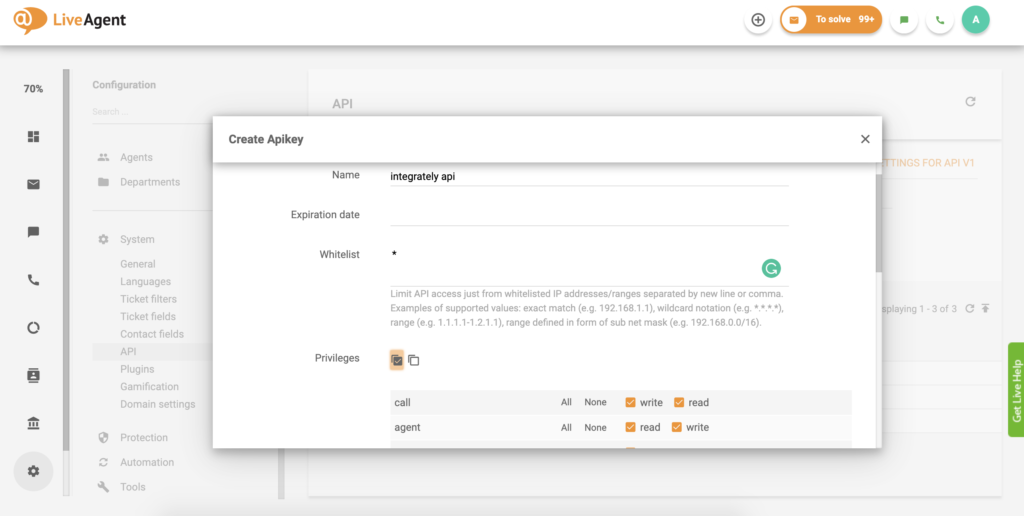 API key setting in LiveAgent