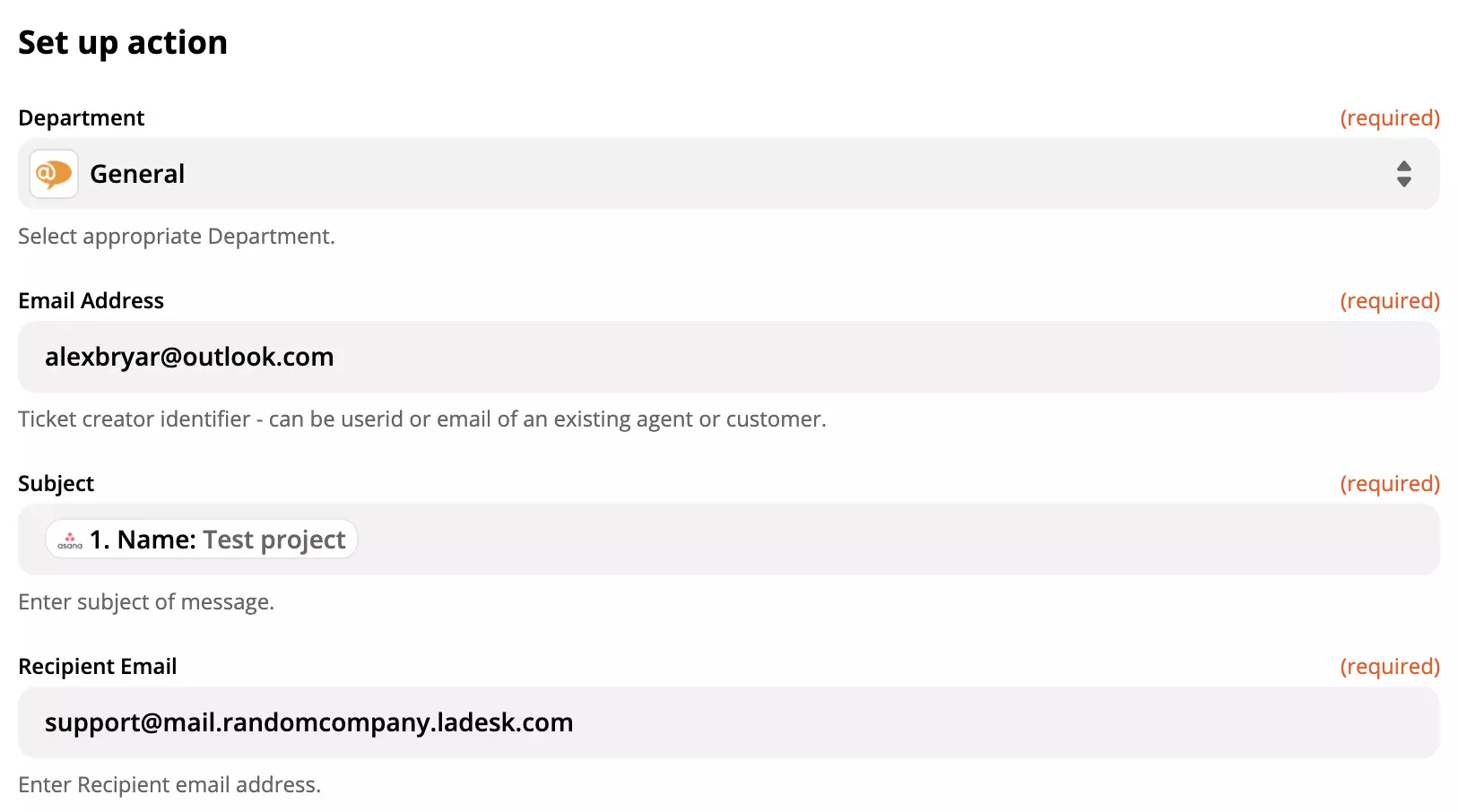 Configurazione dell'azione LiveAgent nell'integrazione Asana su Zapier