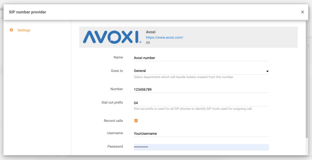 Configurazione di Avoxi nella configurazione di LiveAgent