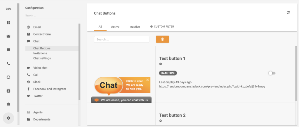 Sezione pulsante chat nella configurazione di LiveAgent