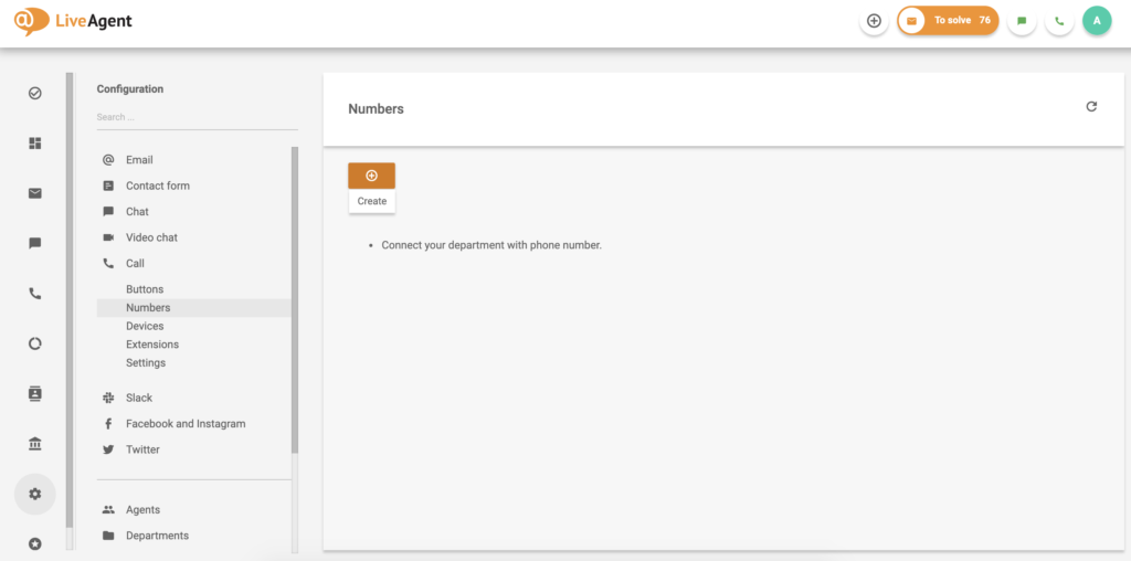 Opzione per creare un nuovo numero nella configurazione di LiveAgent