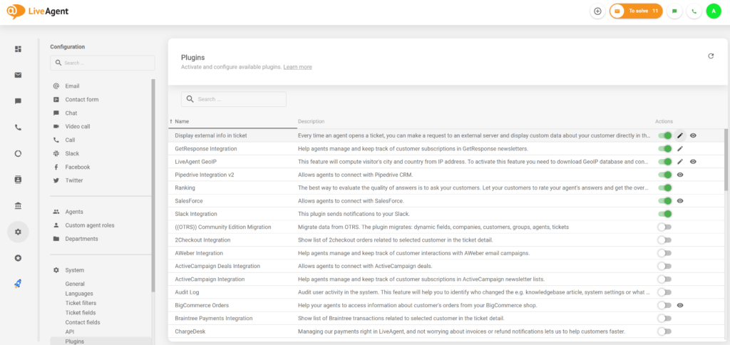 Plugin di informazioni esterne attivo nella configurazione di LiveAgent