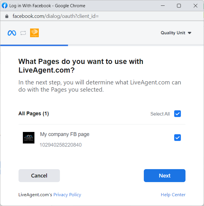 Finestra pop-up che ti consente di scegliere quali pagine Facebook desideri integrare con LiveAgent