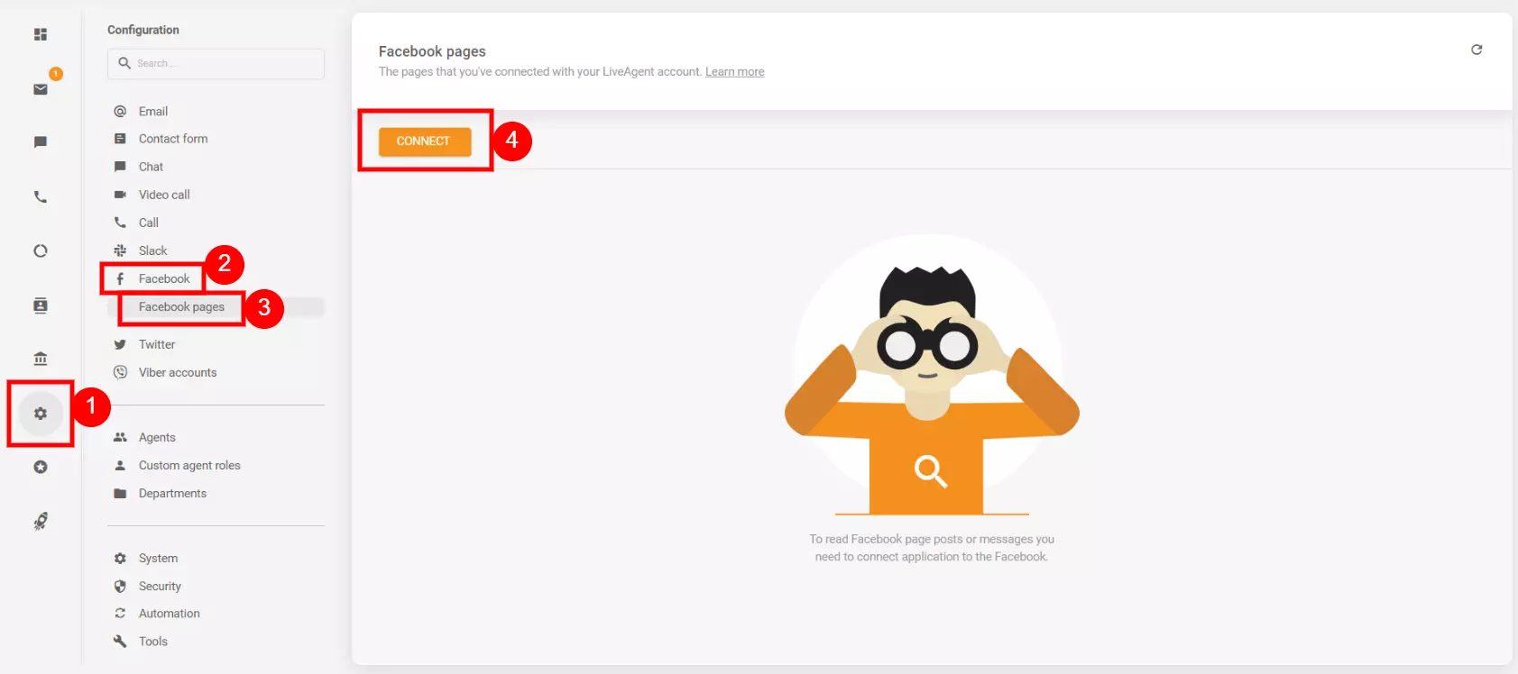 Impostazioni di configurazione per collegare il tuo account Facebook con LiveAgent