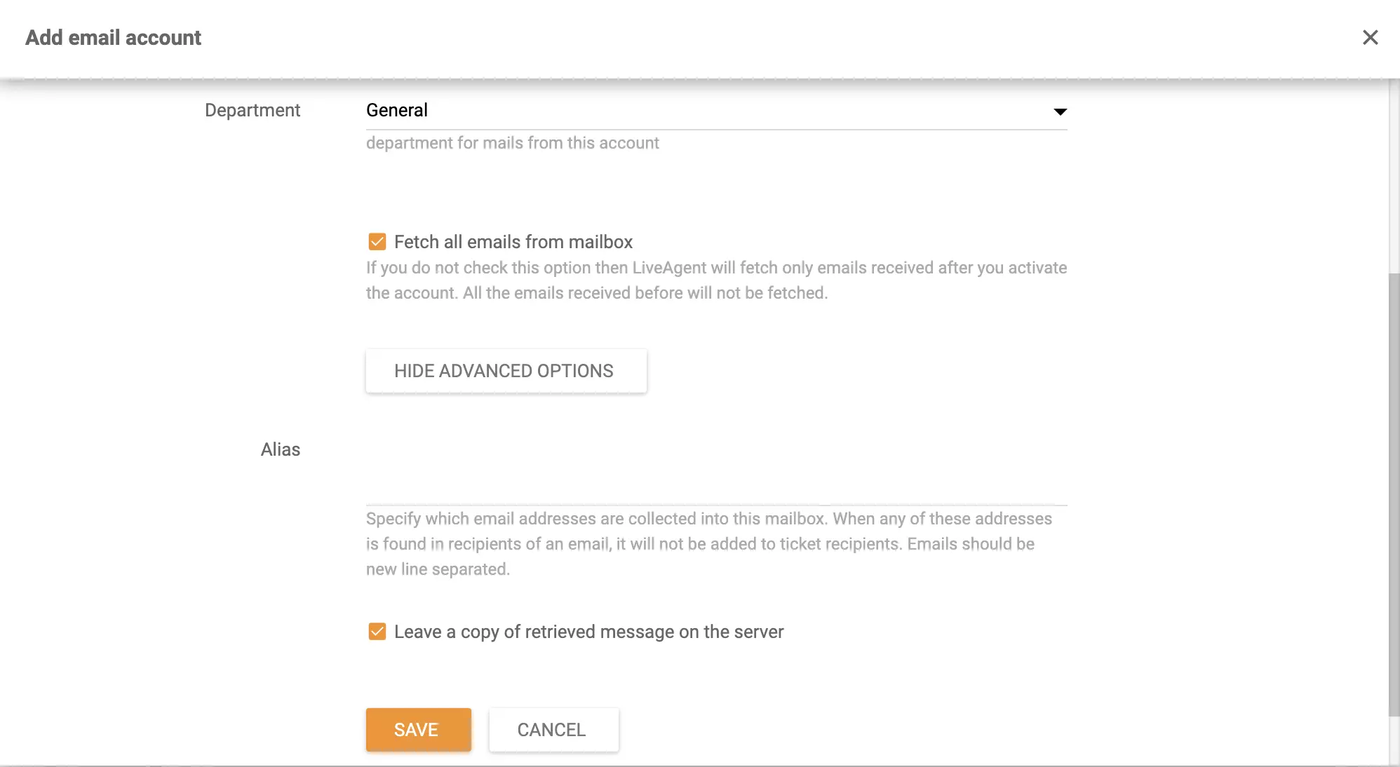 Aggiungi account email in LiveAgent