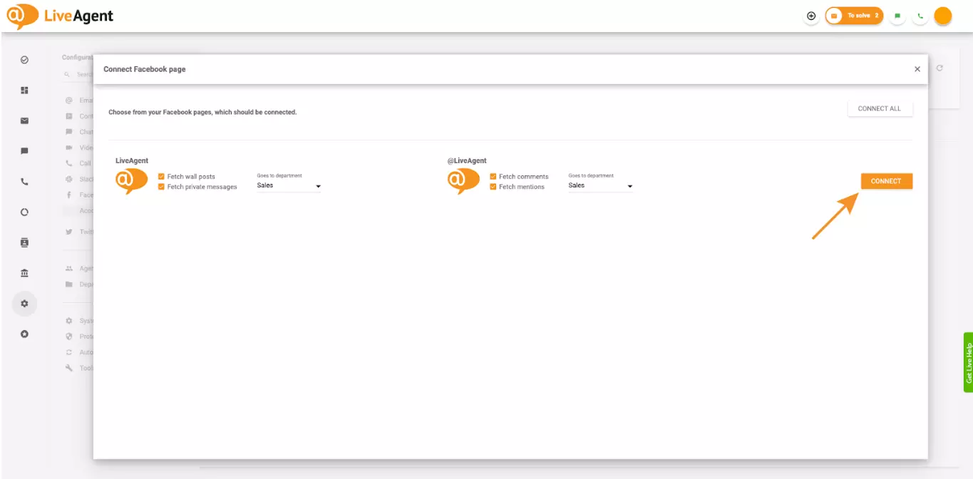 Spuntare le caselle nelle impostazioni che consentono a LiveAgent di recuperare commenti e menzioni