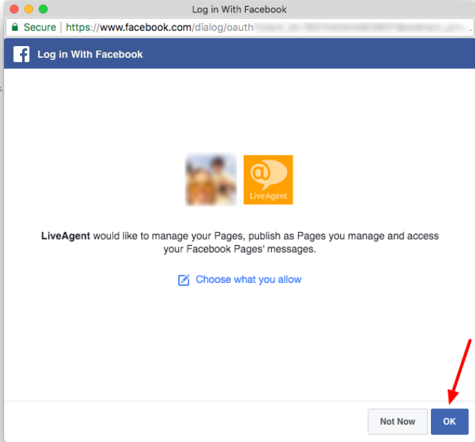 Concessione a LiveAgent del permesso di gestire la tua pagina Facebook