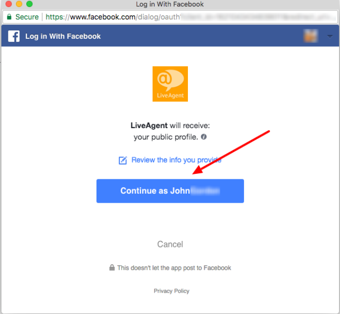 Accesso al tuo account Facebook tramite LiveAgent come parte del processo di integrazione