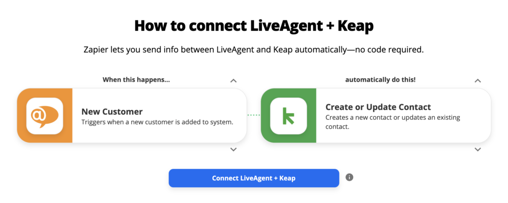 Opzioni di integrazione LiveAgent e Keap su Zapier