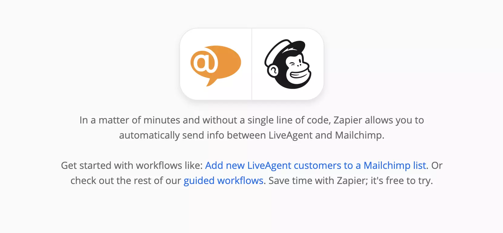 Pagina delle integrazioni LiveAgent e Mailchimp su Zapier