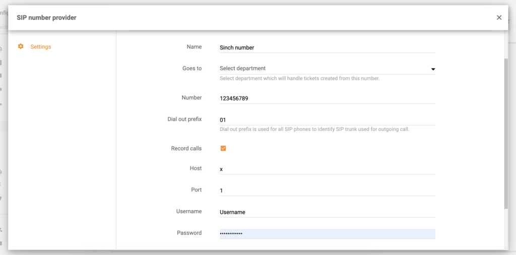 Configurazione del numero Sinch in LiveAgent