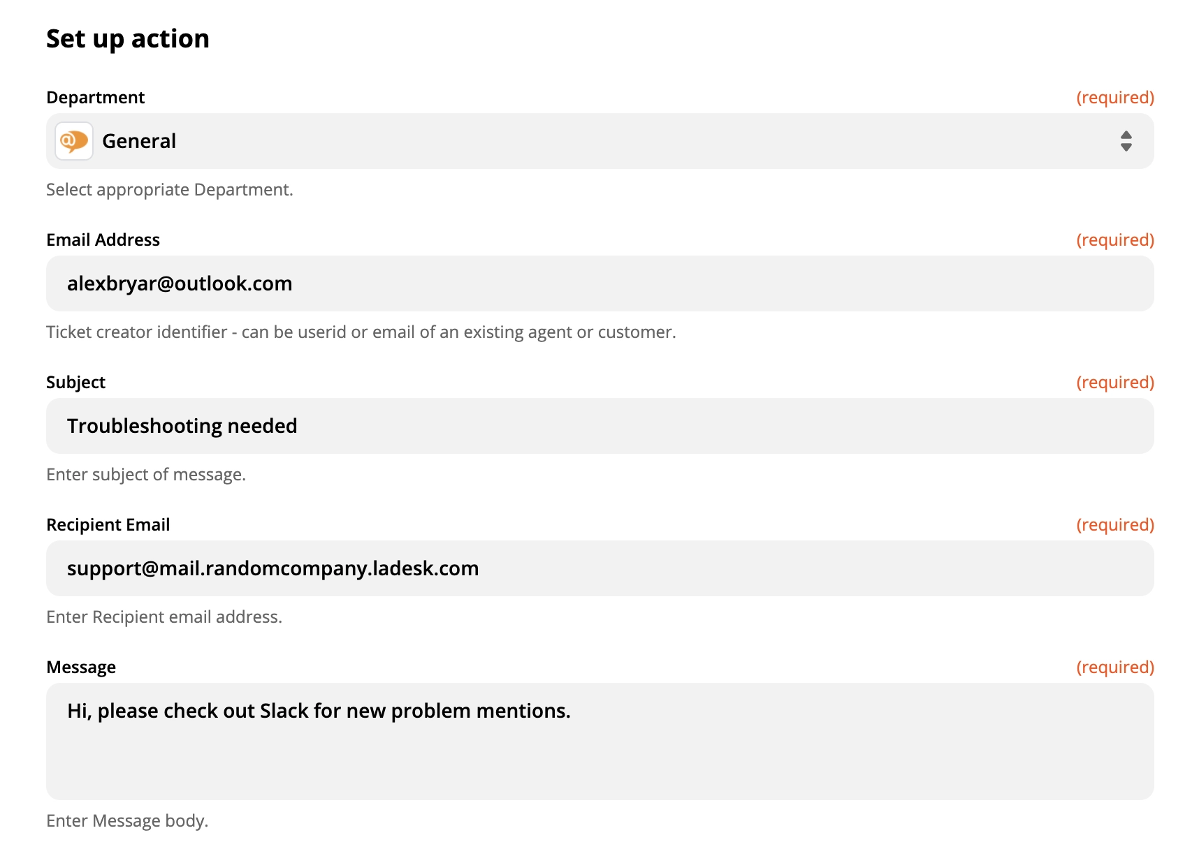 Vetrina della configurazione dell'azione LiveAgent su Zapier
