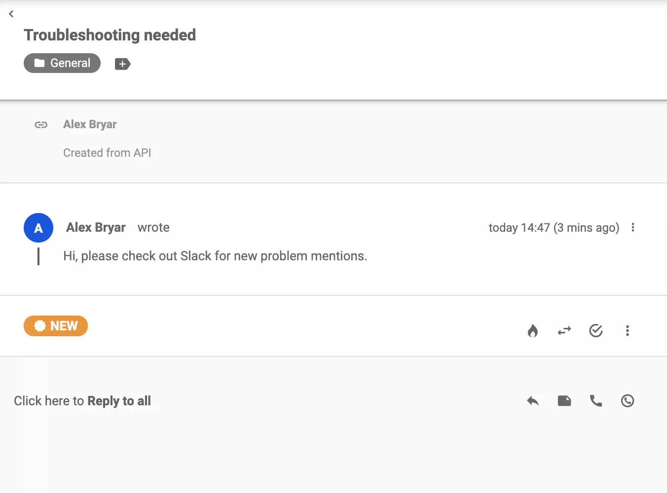 Un ticket inviato a LiveAgent dopo che una parola chiave è apparsa in Slack