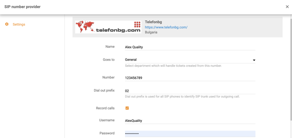 Configurazione di TelefonBG quando si aggiunge un nuovo numero di call center in LiveAgent