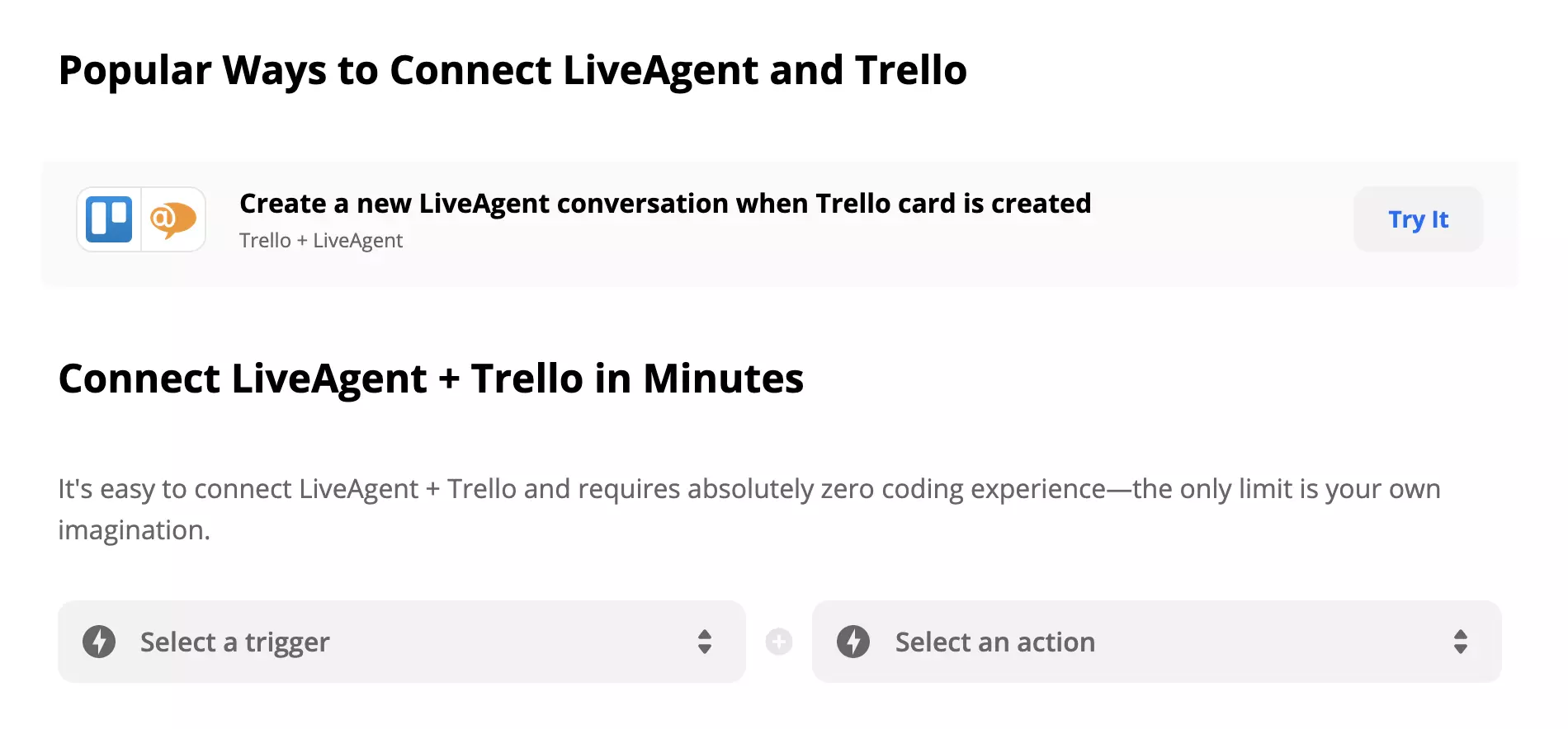 Integrazione LiveAgent e Trello su Zapier con selezione di Trigger e Azione