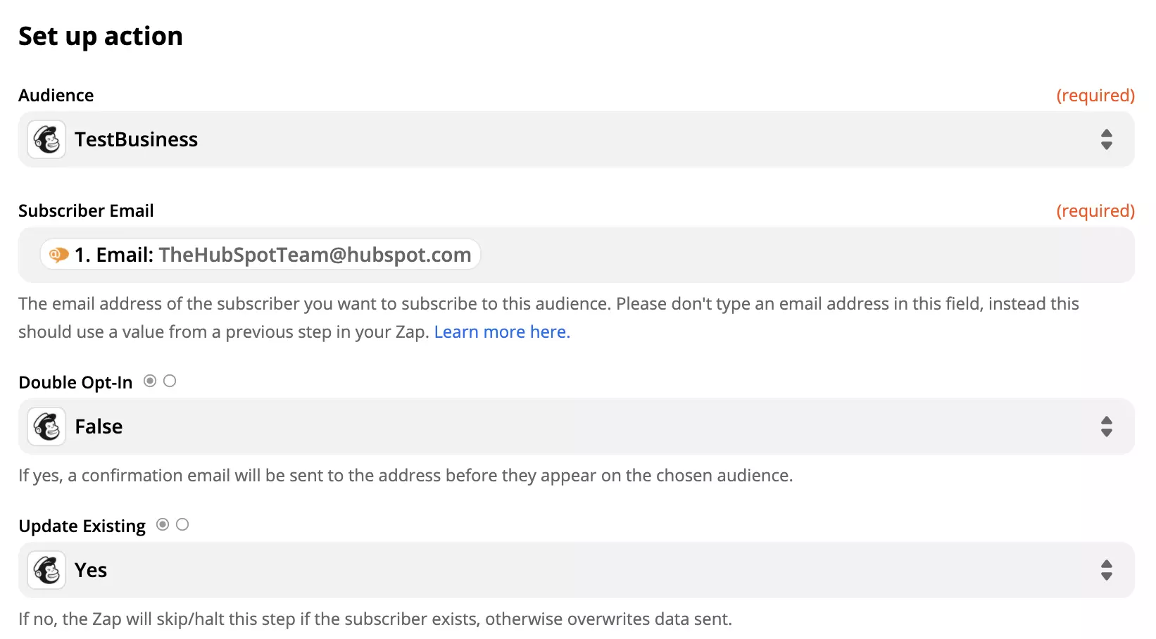 Setup dell'azione Mailchimp