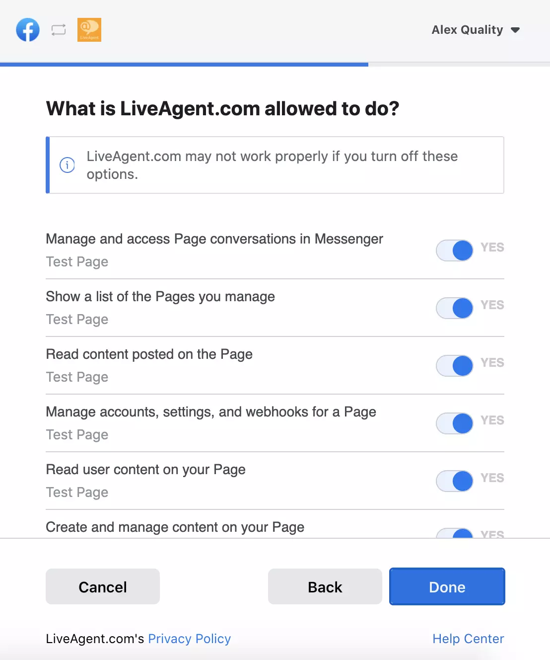 Elenco delle autorizzazioni che mostra quali dati possono essere accessibili da LiveAgent