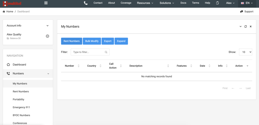 Dashboard MultiTEL con opzioni di numero