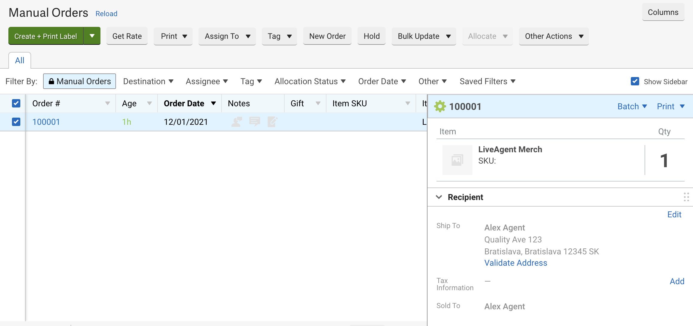 Un nuovo ordine creato in ShipStation