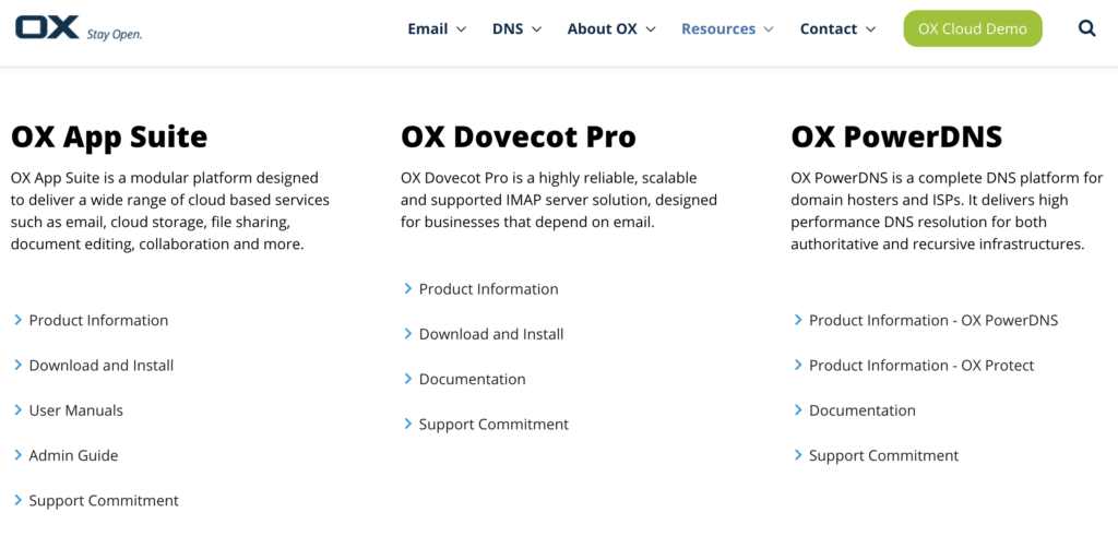 Sito web di Open-Xchange con opzioni di download e guide