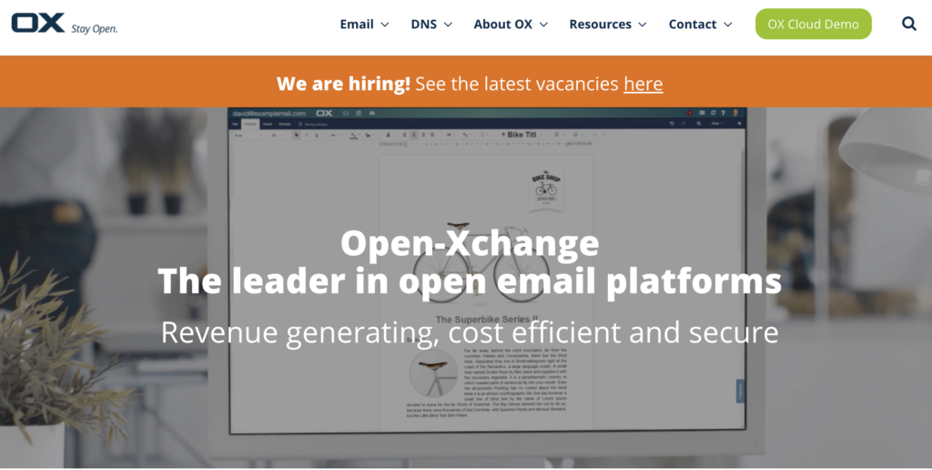 Homepage di Open-Xchange con vantaggi