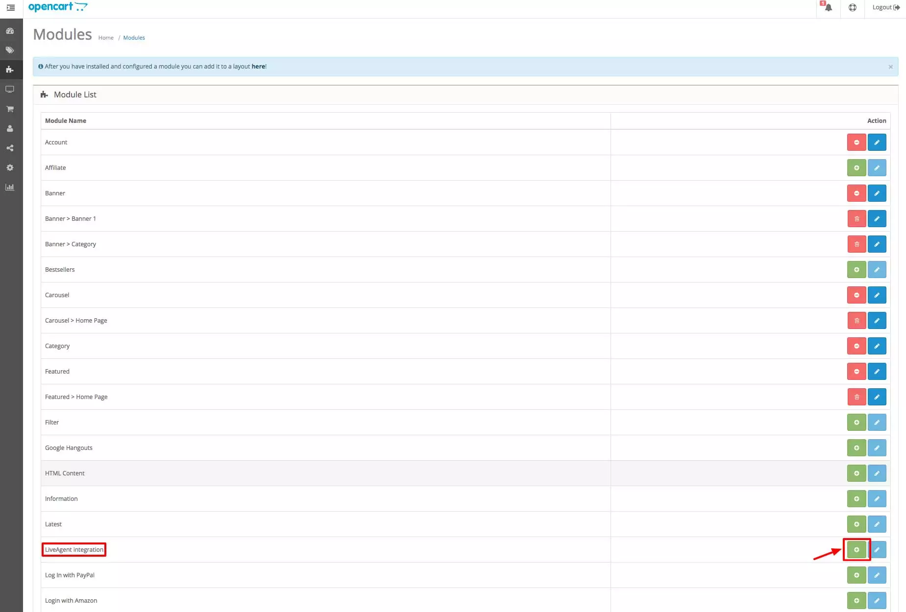 OpenCart LiveAgent integrazione - Sezione Moduli