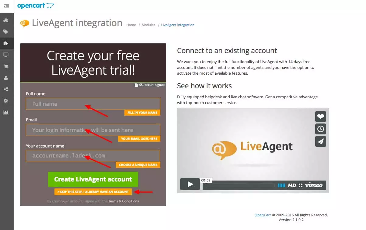 OpenCart LiveAgent integrazione - Inserisci credenziali