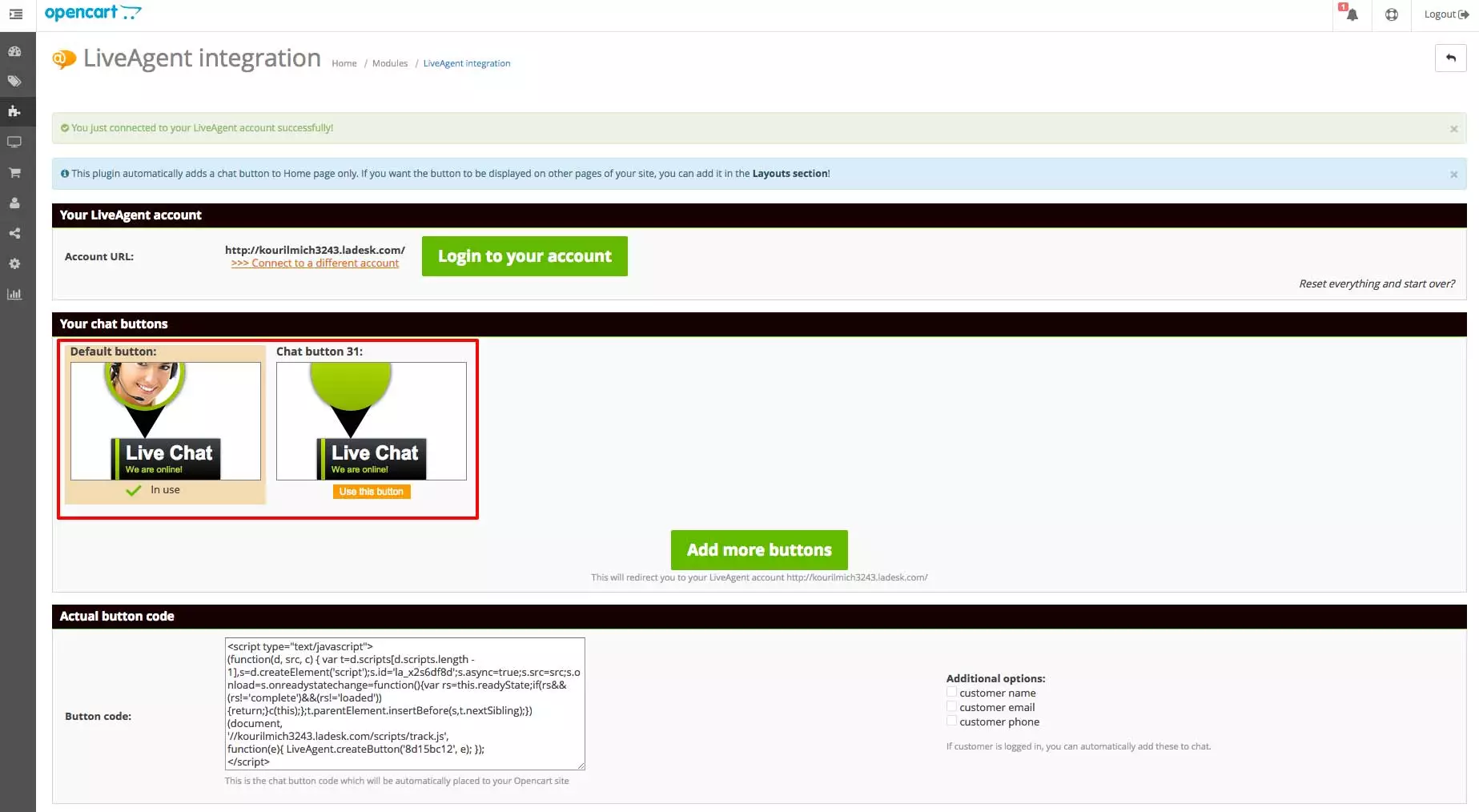 OpenCart LiveAgent integrazione - Configurazione finale
