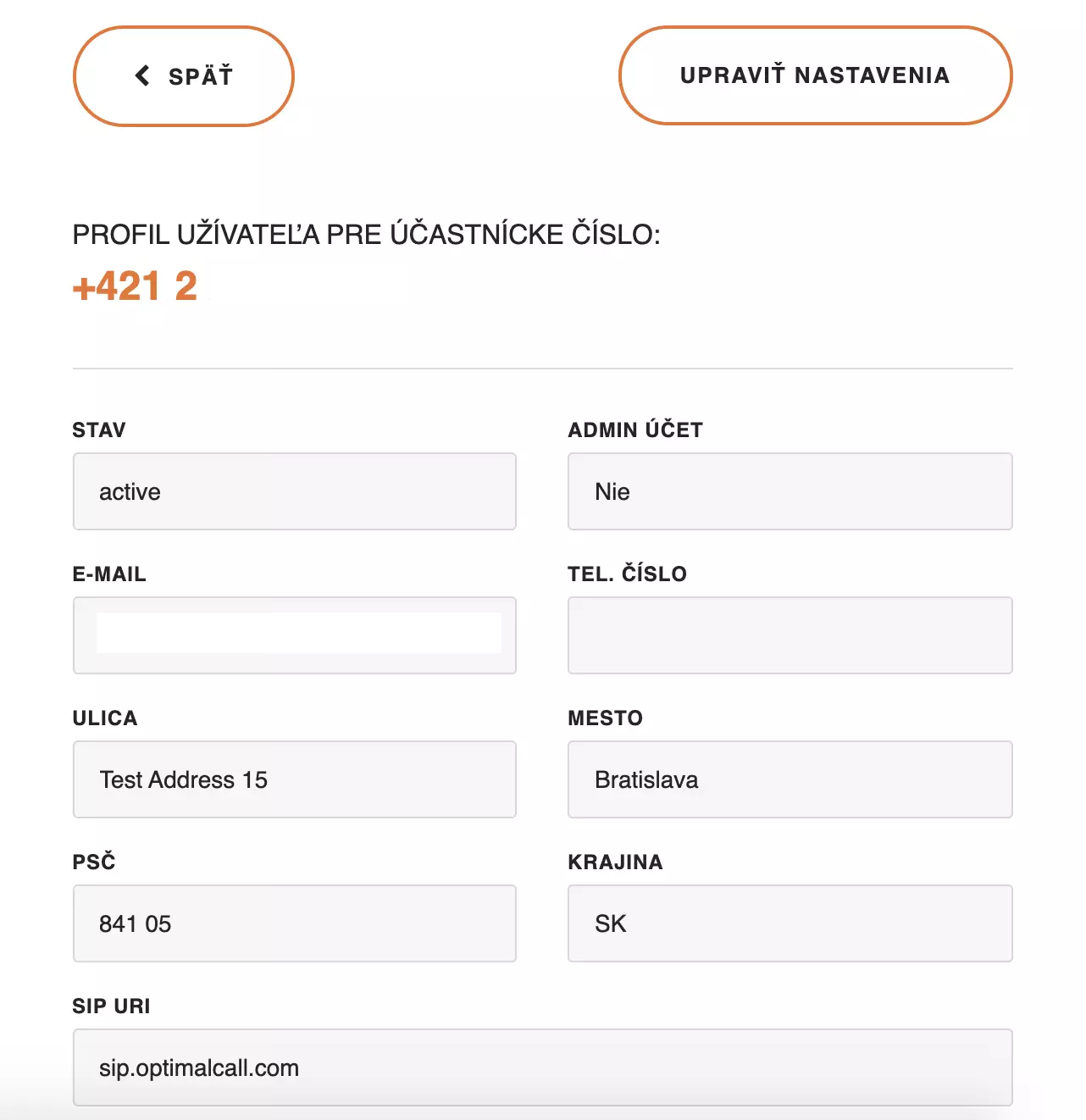 Informazioni profilo Optimal Call