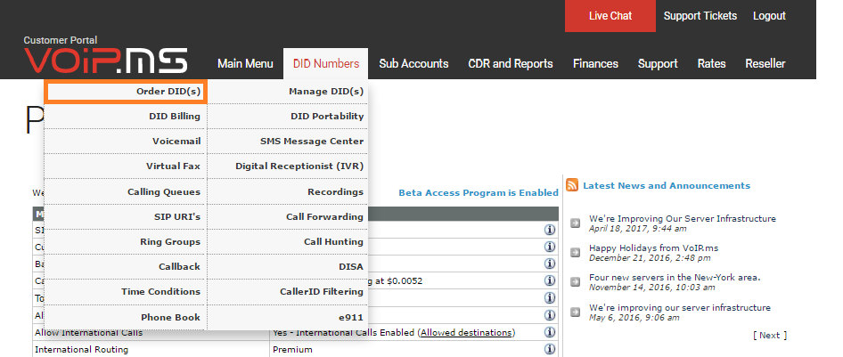 Sezione numeri DID in VoIP.ms