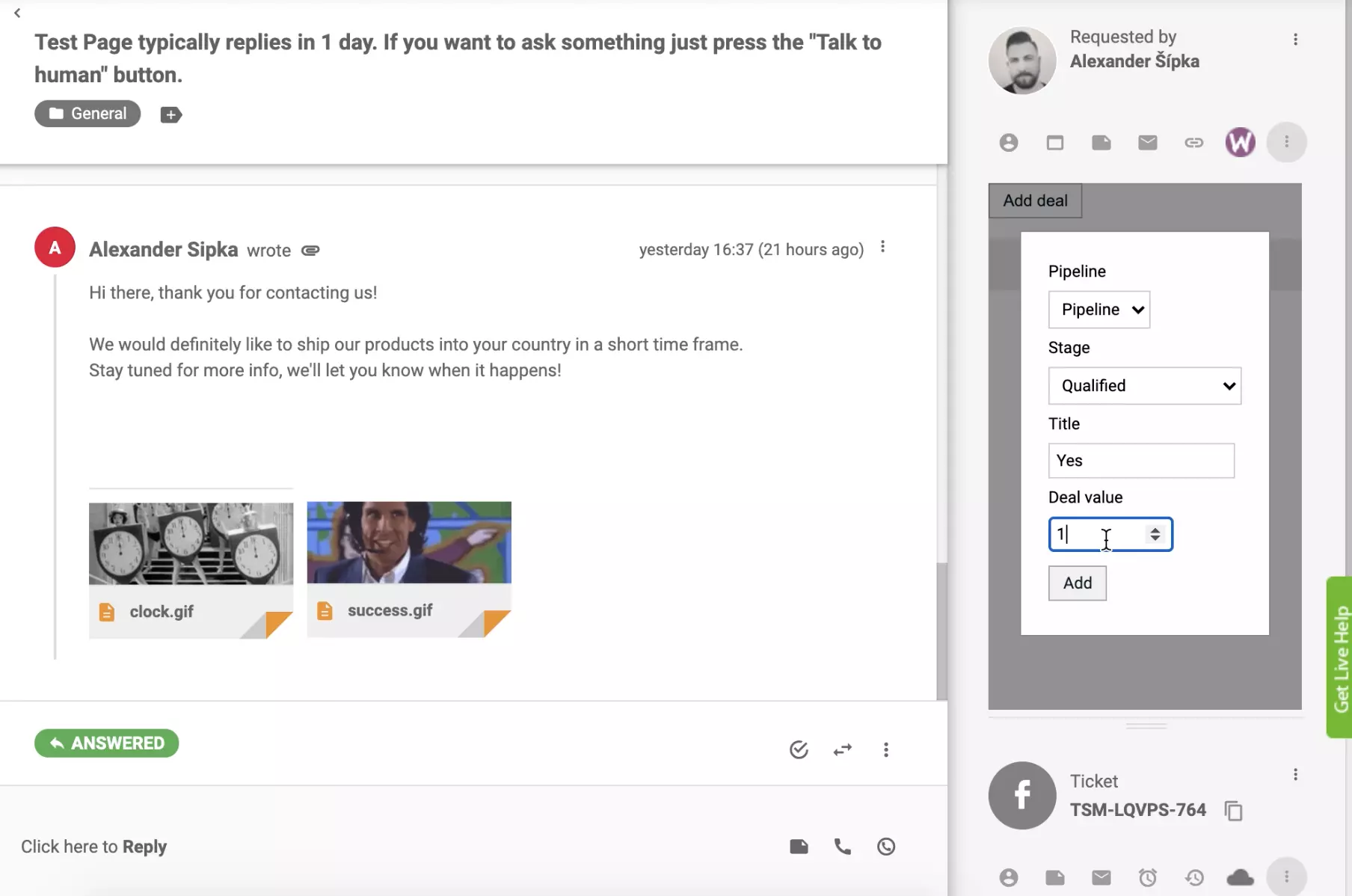 Aggiungi un deal con l'integrazione PipeDrive CRM nella visualizzazione del ticket di LiveAgent