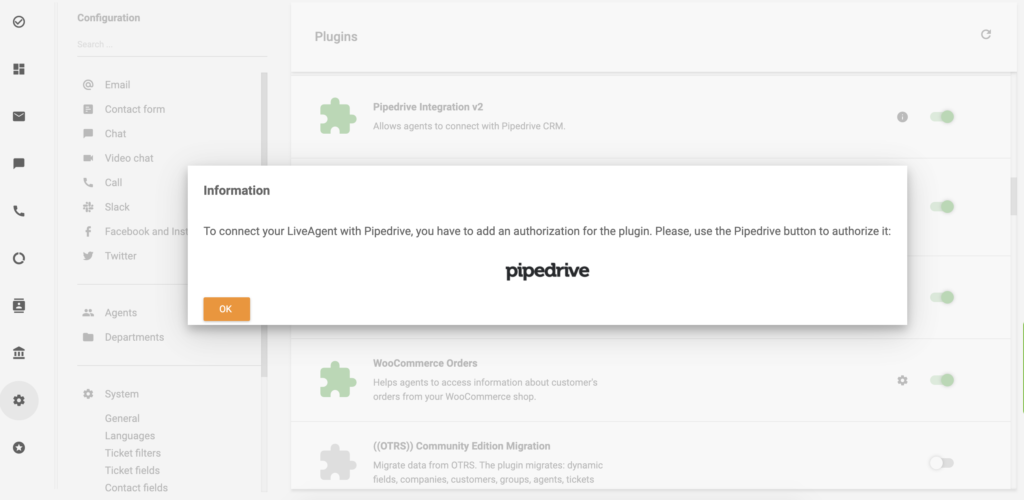 Fai clic sull'icona di PipeDrive per continuare con l'integrazione di PipeDrive per LiveAgent