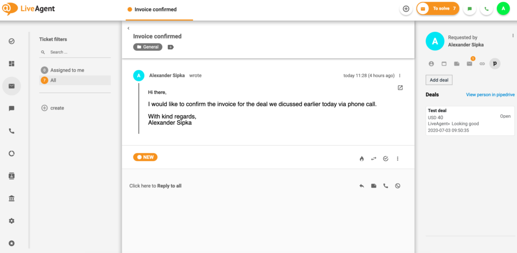 Deal PipeDrive in LiveAgent