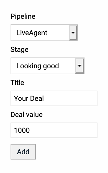 Creazione di un nuovo deal nell'integrazione PipeDrive di LiveAgent