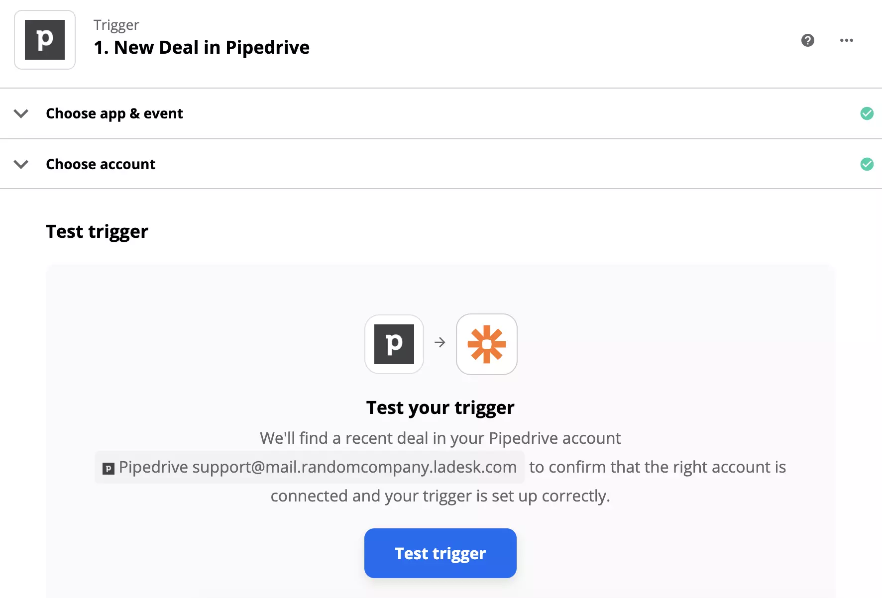 Test del trigger PipeDrive dopo la configurazione del trigger su Zapier