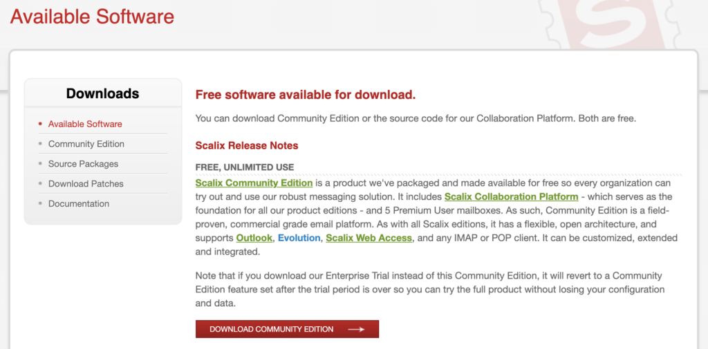 Sito web Scalix con download disponibili e informazioni sull'edizione