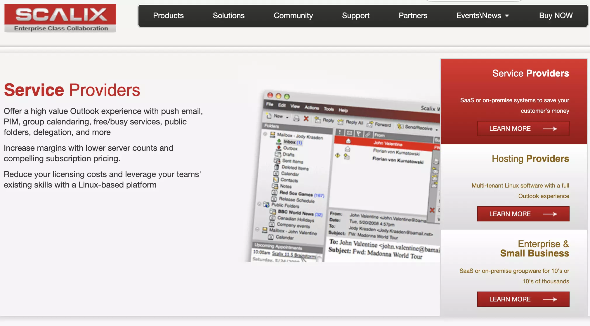 Homepage di Scalix con funzionalità e informazioni elencate
