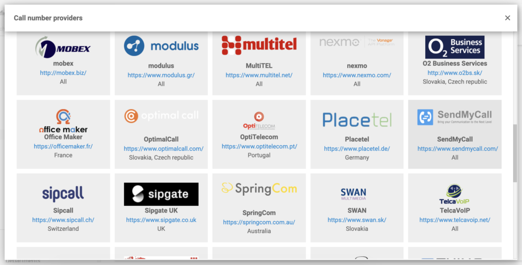 SendMyCall nell'elenco dei provider VoIP nella configurazione di LiveAgent