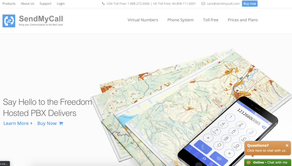 Homepage di SendMyCall con pulsante Acquista ora nell'angolo in alto a destra